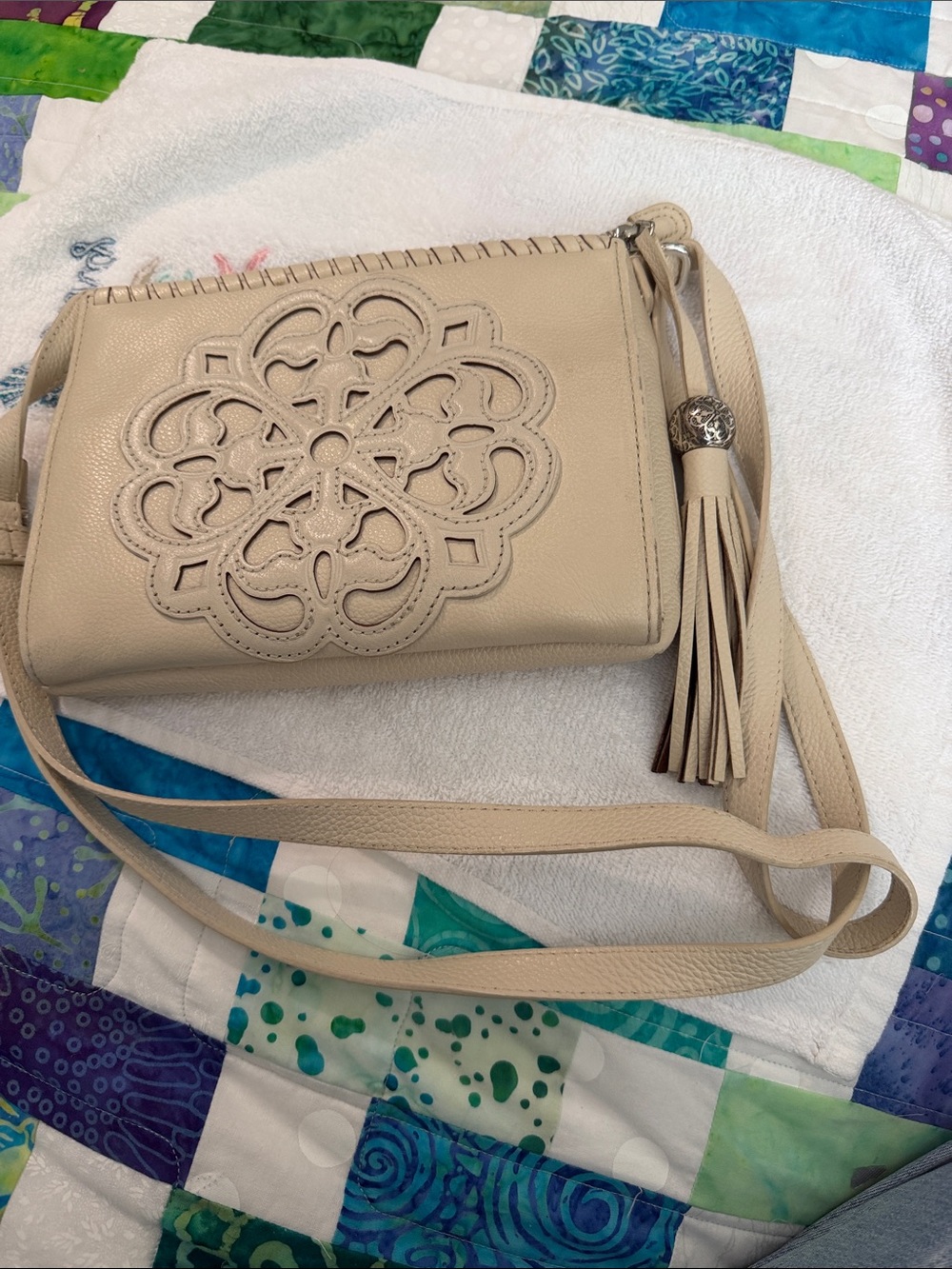 Women's Beige Leather Crossbody Bag with Tassel